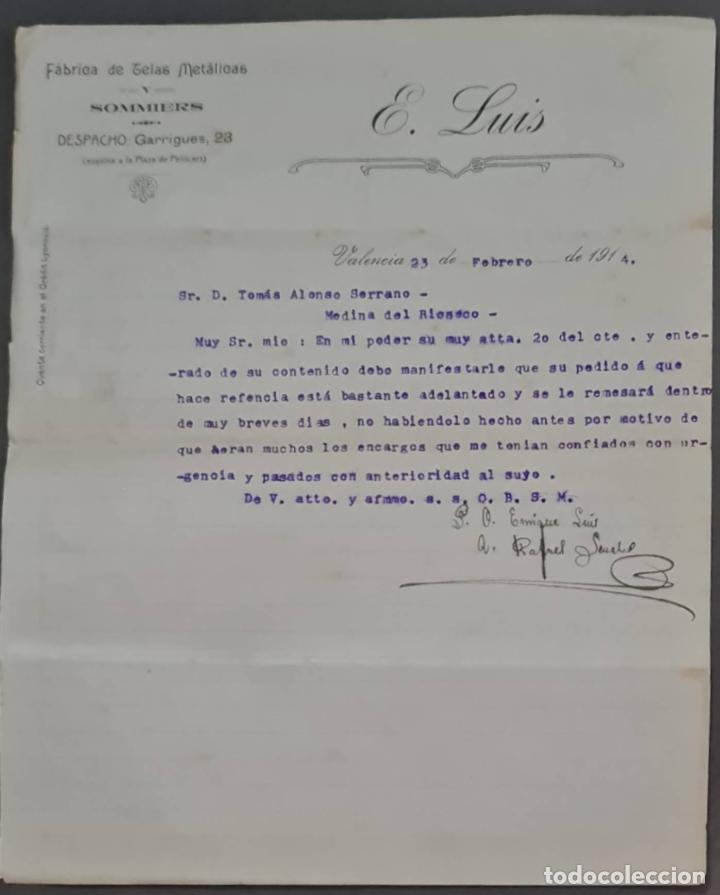 Cartas comerciais: E. Luis. F&aacute;brica de telas Met&aacute;licas y Somiers. Valencia. Espa&ntilde;a 1914