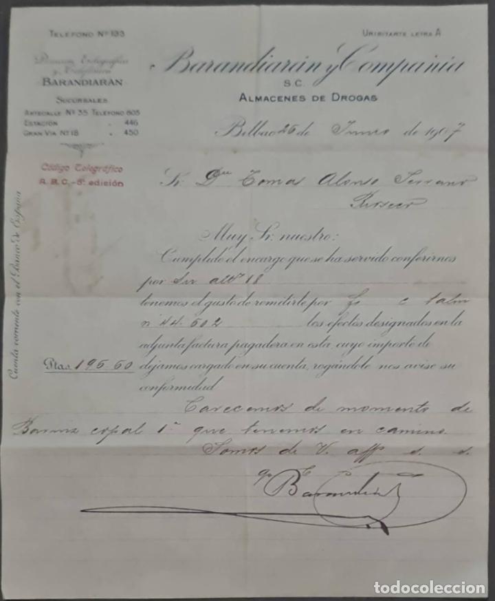 Cartas comerciais: Barandiar&aacute;n y Compa&ntilde;&iacute;a. Grandes Almacenes de drogas y productos farmac&eacute;uticos. Bilbao. Espa&ntilde;a 1907
