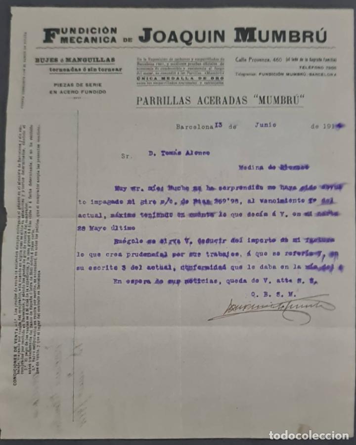 Cartas comerciais: Joaquin Mumbr&uacute;. Fundici&oacute;n mec&aacute;nica. Parrillas aceradas. Barcelona. Espa&ntilde;a 1914