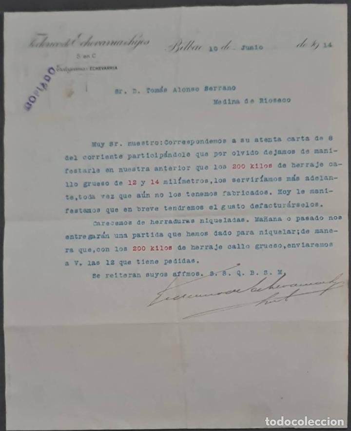 Cartas comerciais: Federico de Echevarr&iacute;a &eacute; hijos. S. en C. Fabricantes de herraduras y clavos. Bilbao. Espa&ntilde;a 1914