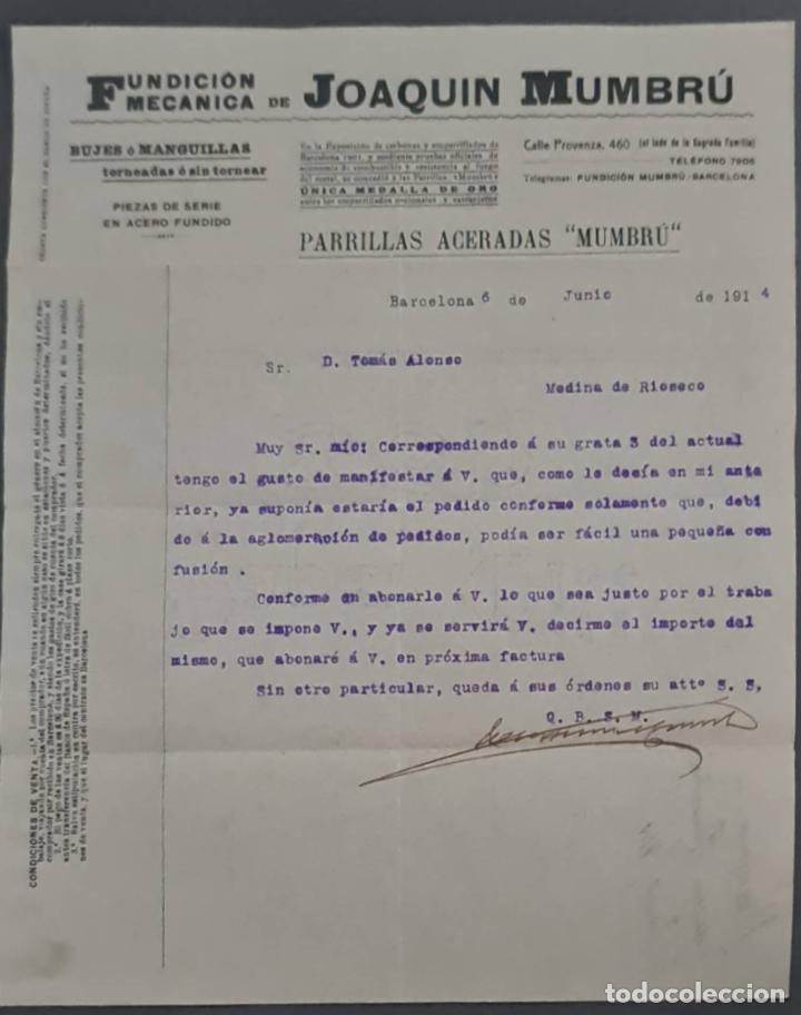 Cartas comerciais: Joaquin Mumbr&uacute;. Fundici&oacute;n mec&aacute;nica. Parrillas aceradas. Barcelona. Espa&ntilde;a 1914