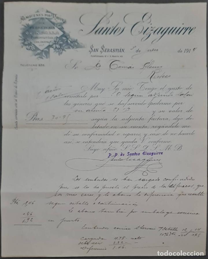 Cartas comerciais: Santos Eizaguirre. Ferreter&iacute;a y Herramientas. San Sebasti&aacute;n. Espa&ntilde;a 1914