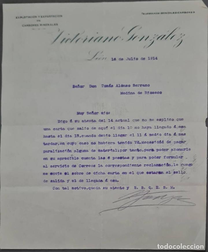 Cartas comerciais: Victoriano Gonz&aacute;lez. Explotaci&oacute;n y Exportaci&oacute;n de carbones minerales. Le&oacute;n. Espa&ntilde;a 1914