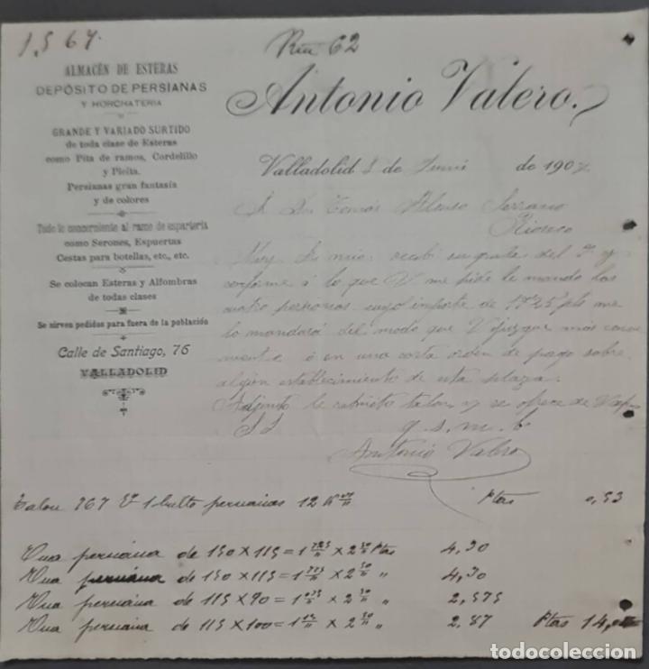 Cartas comerciais: Antonio Valero. Almac&eacute;n de esteras y dep&oacute;sito de persianas. Valladolid. Espa&ntilde;a 1907