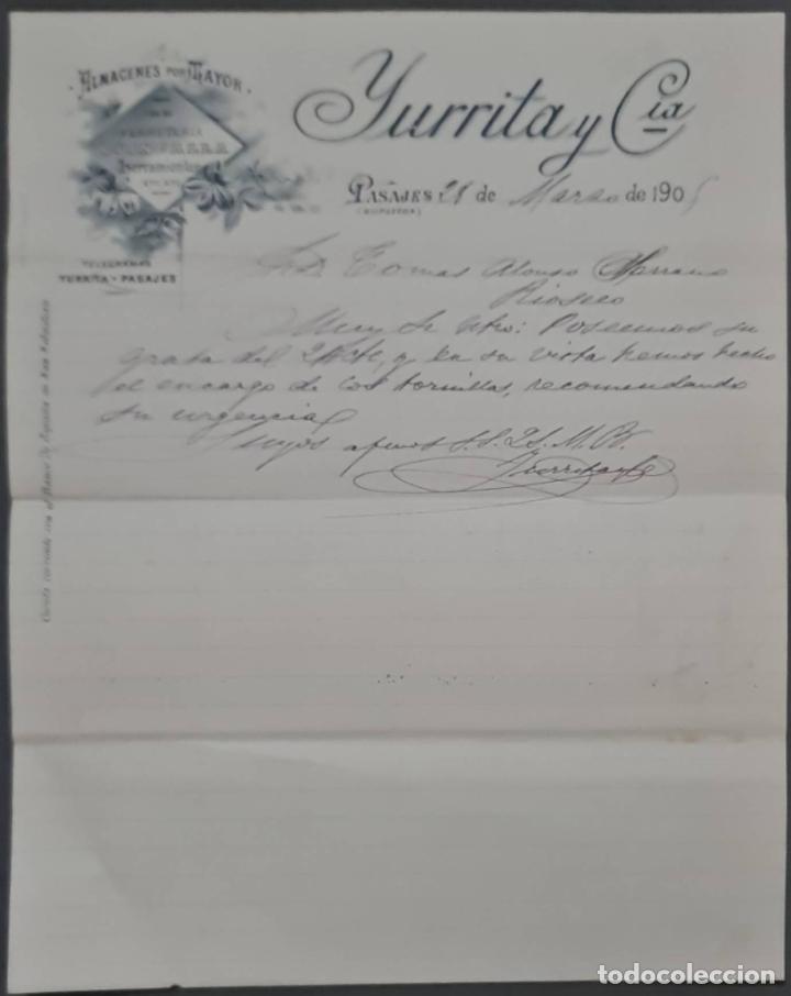 Cartas comerciales: Yurrita y C&iacute;a. Almacenes al por mayor de Ferreter&iacute;a, quincalla y herramientas. Pasajes. Espa&ntilde;a 1905