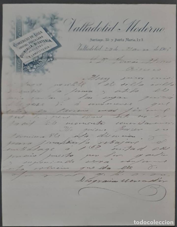 Cartas comerciales: Valladolid Moderno. Comercio de loza, cristal, porcelana y quincalla. Valladolid. Espa&ntilde;a 1905