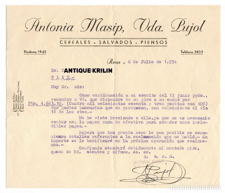 Cartas comerciales: REUS 1954 / ANTONIA MASIP , VDA. DE PUJOL / CEREALES -SALVADOS-PIENSOS