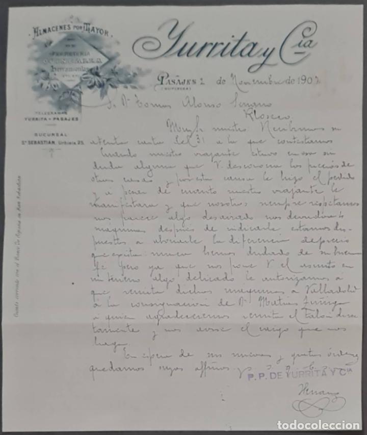 Lettere commerciali: Yurrita y C&iacute;a. Almacenes al por mayor de Ferreter&iacute;a, quincalla y herramientas. Pasajes. Espa&ntilde;a 1907