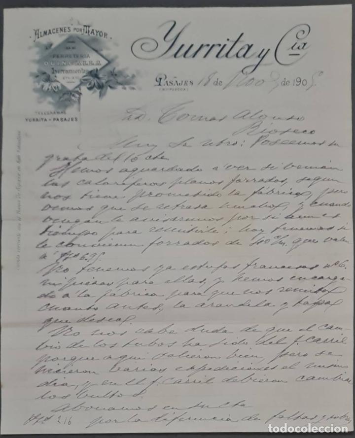 Lettere commerciali: Yurrita y C&iacute;a. Almacenes al por mayor de Ferreter&iacute;a, quincalla y herramientas. Pasajes. Espa&ntilde;a 1905