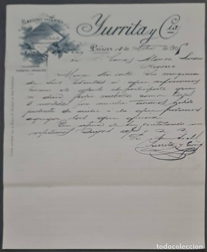 Lettere commerciali: Yurrita y C&iacute;a. Almacenes al por mayor de Ferreter&iacute;a, quincalla y herramientas. Pasajes. Espa&ntilde;a 1905