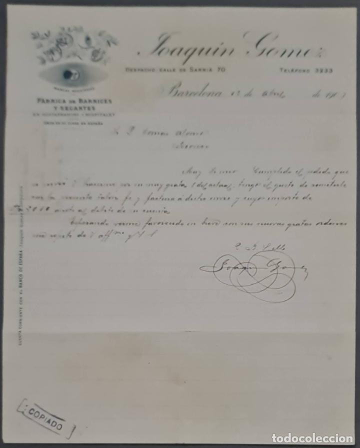 Lettere commerciali: Joaquin G&oacute;mez. F&aacute;brica de barnices y secantes. Barcelona. Espa&ntilde;a 1907