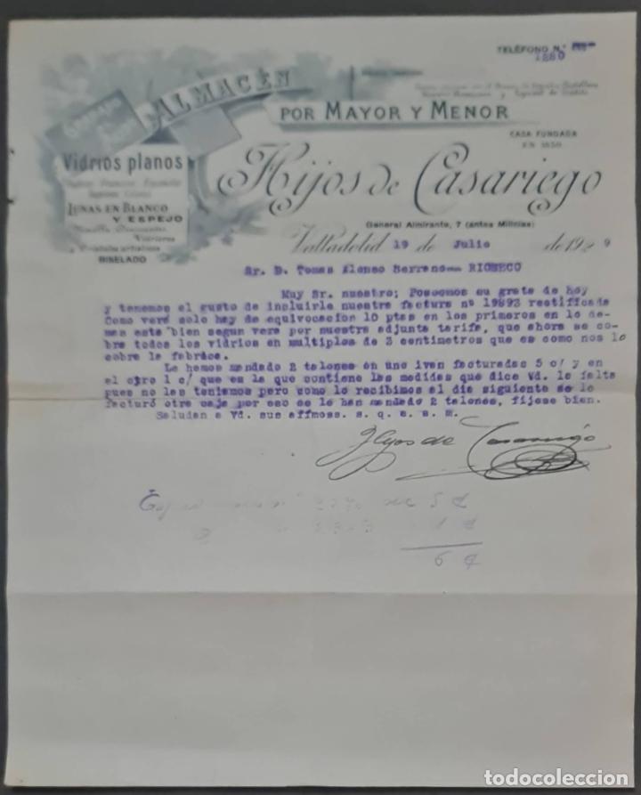 Lettere commerciali: Hijos de Casariego. Almac&eacute;n por Mayor y menor. Vidrios planos. Valladolid. Espa&ntilde;a 1929