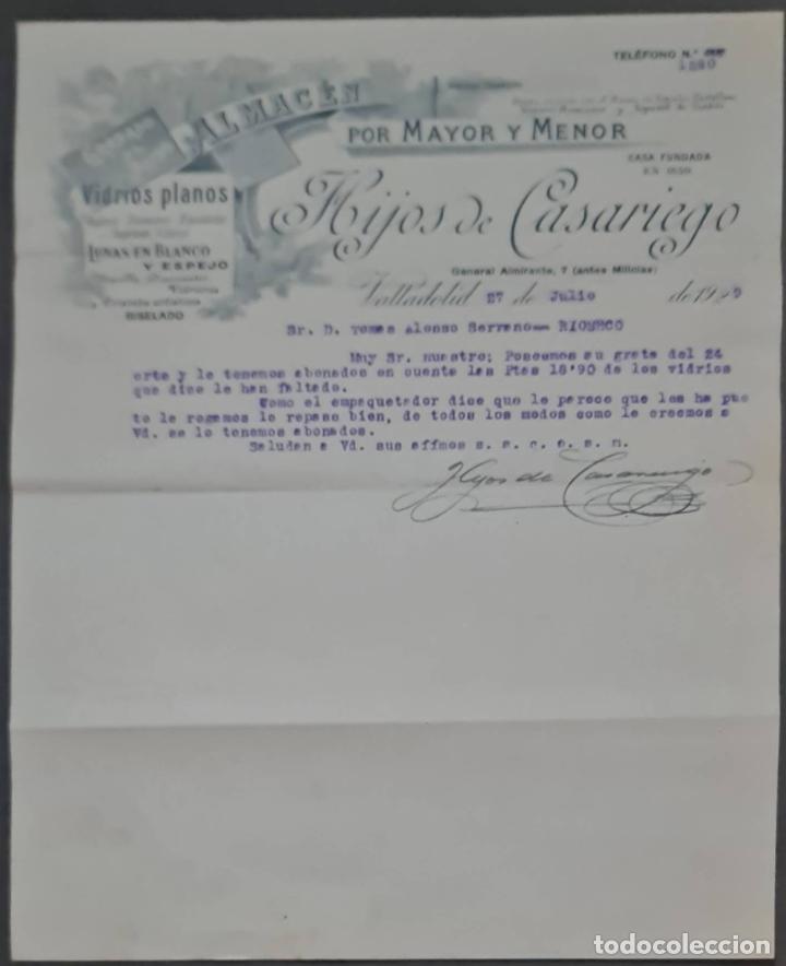 Lettere commerciali: Hijos de Casariego. Almac&eacute;n por Mayor y menor. Vidrios planos. Valladolid. Espa&ntilde;a 1929