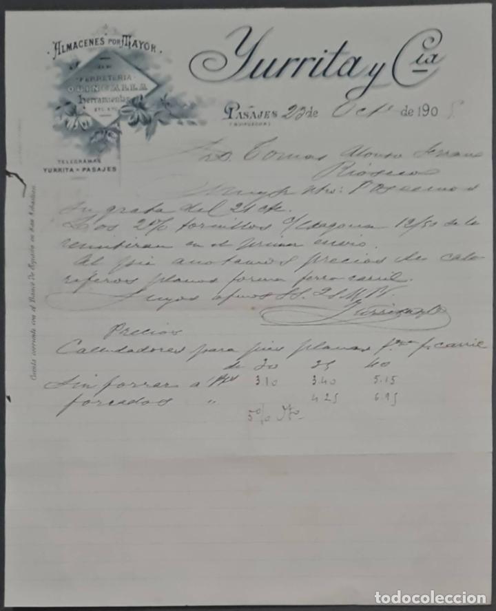 Lettere commerciali: Yurrita y C&iacute;a. Almacenes al por mayor de Ferreter&iacute;a, quincalla y herramientas. Pasajes. Espa&ntilde;a 1905