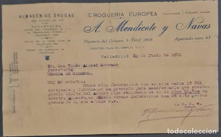 Cartas comerciales: A. Mendicote y Navas. Droguer&iacute;a Europea. Valladolid. Espa&ntilde;a 1930