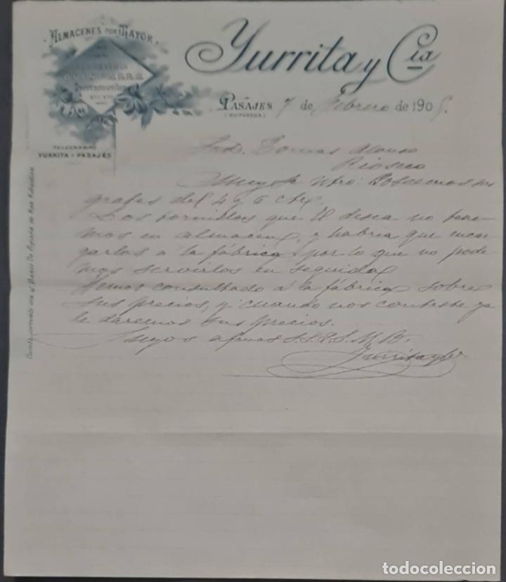 Lettere commerciali: Yurrita y C&iacute;a. Almacenes al por mayor de Ferreter&iacute;a, quincalla y herramientas. Pasajes. Espa&ntilde;a 1905