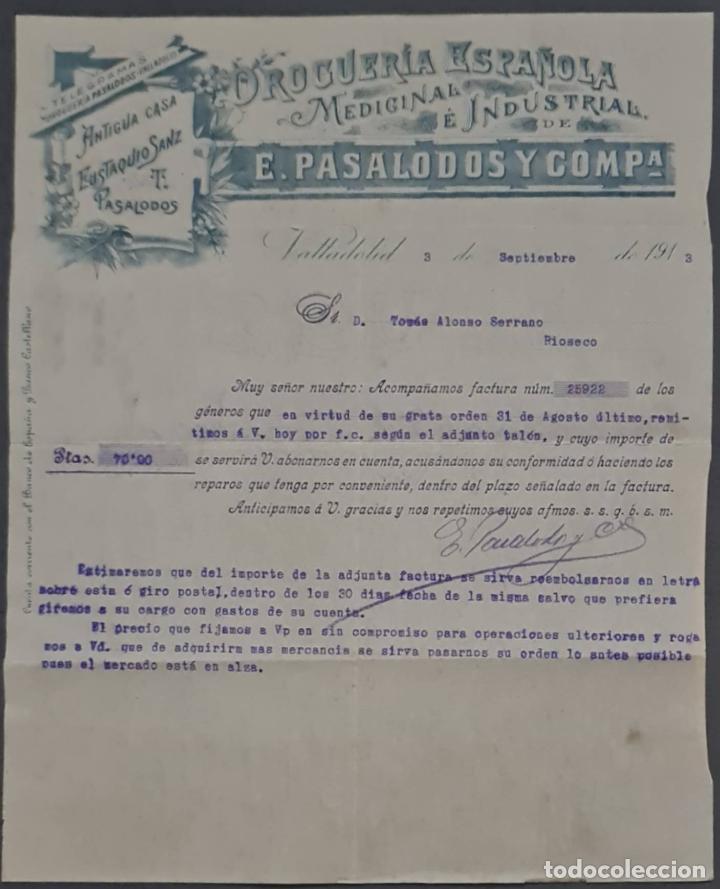 Lettere commerciali: E. Pasalodos y Compa&ntilde;&iacute;a. Droguer&iacute;a Espa&ntilde;ola. Medicinal e Industrial. Valladolid. Espa&ntilde;a 1913