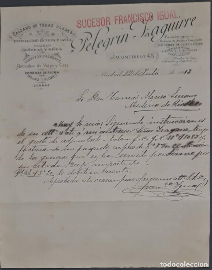 Lettere commerciali: Pelegr&iacute;n Izaguirre. Sucesor de Franc&iacute;sco Igual. Especialidad en ropa y calzado. Madrid. Espa&ntilde;a 1913