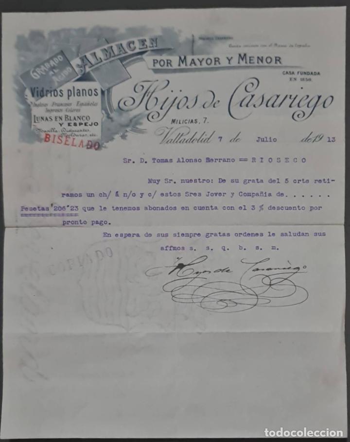 Lettere commerciali: Hijos de Casariego. Almac&eacute;n por Mayor y menor. Vidrios planos. Valladolid. Espa&ntilde;a 1913