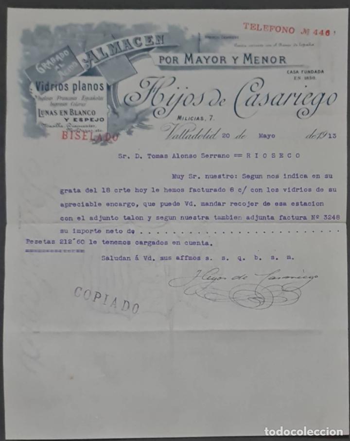 Lettere commerciali: Hijos de Casariego. Almac&eacute;n por Mayor y menor. Vidrios planos. Valladolid. Espa&ntilde;a 1913