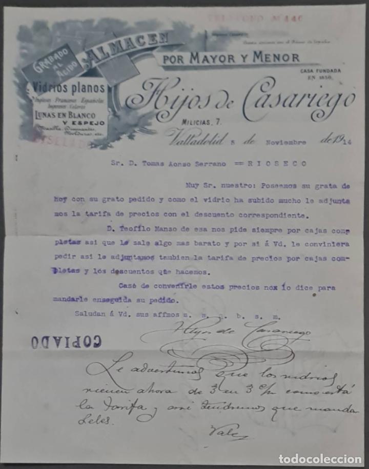 Lettere commerciali: Hijos de Casariego. Almac&eacute;n por Mayor y menor. Vidrios planos. Valladolid. Espa&ntilde;a 1914