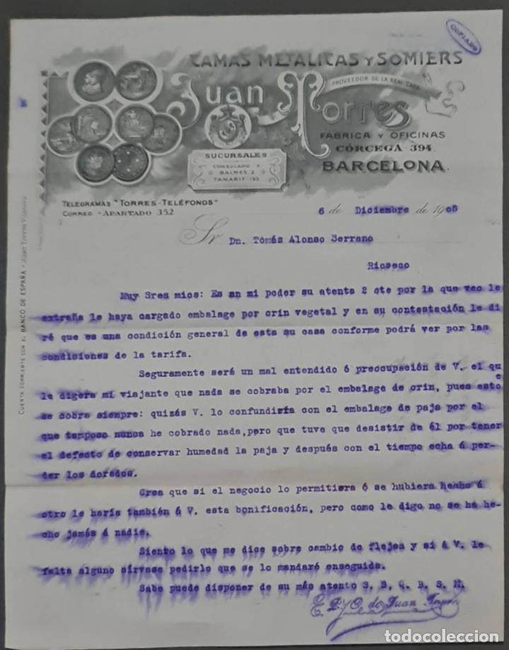 Lettere commerciali: Juan Torres. Camas met&aacute;licas y Somiers. Barcelona. Espa&ntilde;a 1905