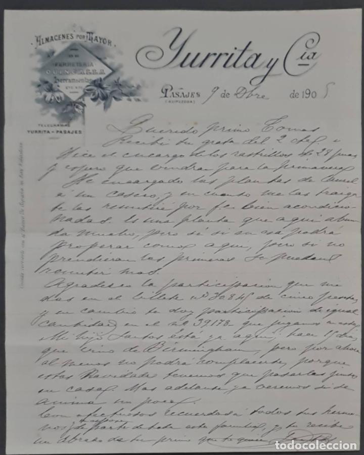 Lettere commerciali: Yurrita y C&iacute;a. Almacenes al por mayor de Ferreter&iacute;a, quincalla y herramientas. Pasajes. Espa&ntilde;a 1905