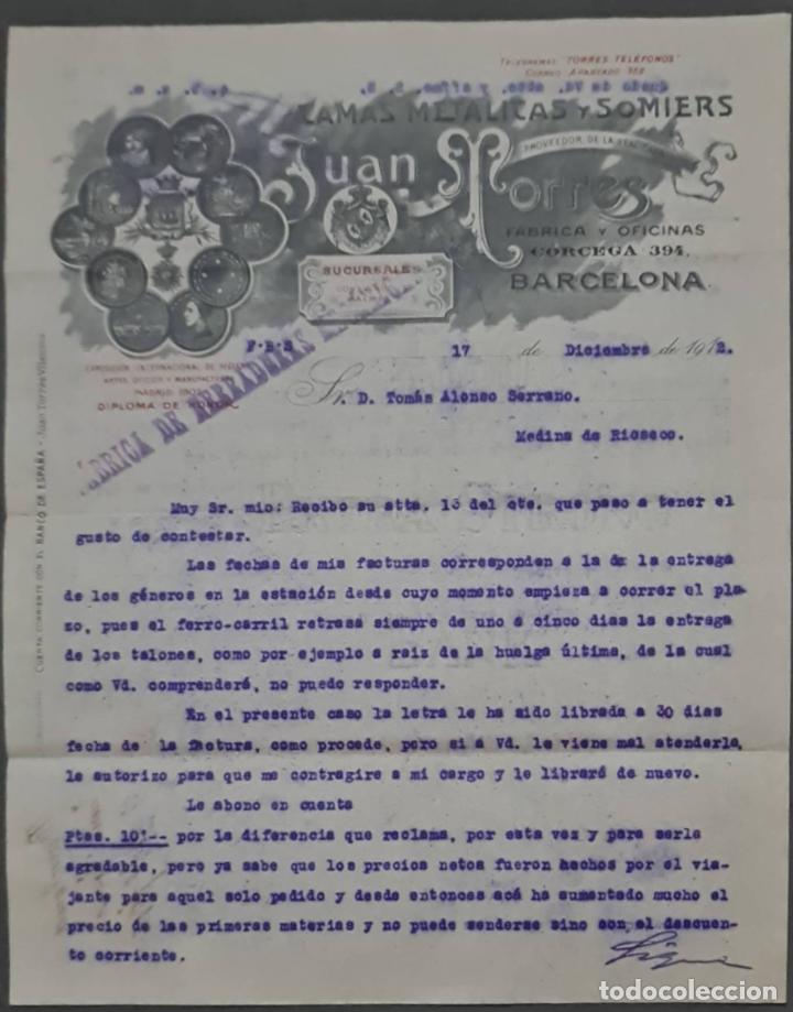 Lettere commerciali: Juan Torres. Camas met&aacute;licas y Somiers. Barcelona. Espa&ntilde;a 1912