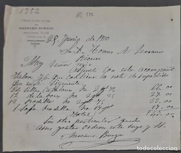 Lettere commerciali: Anselmo Burgos. F&aacute;brica de sillas de paja. Valladolid. Espa&ntilde;a 1910
