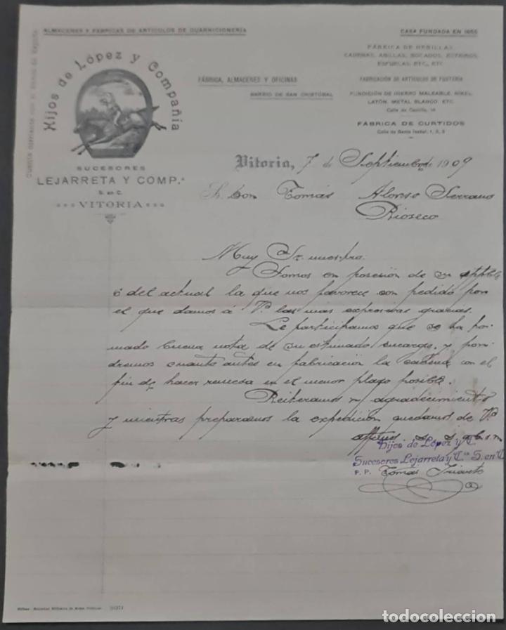 Lettere commerciali: Hijos de L&oacute;pez y Compa&ntilde;&iacute;a. Almacenes y f&aacute;bricas de art&iacute;culos de guarnicioner&iacute;a. Vitoria. Espa&ntilde;a 1909