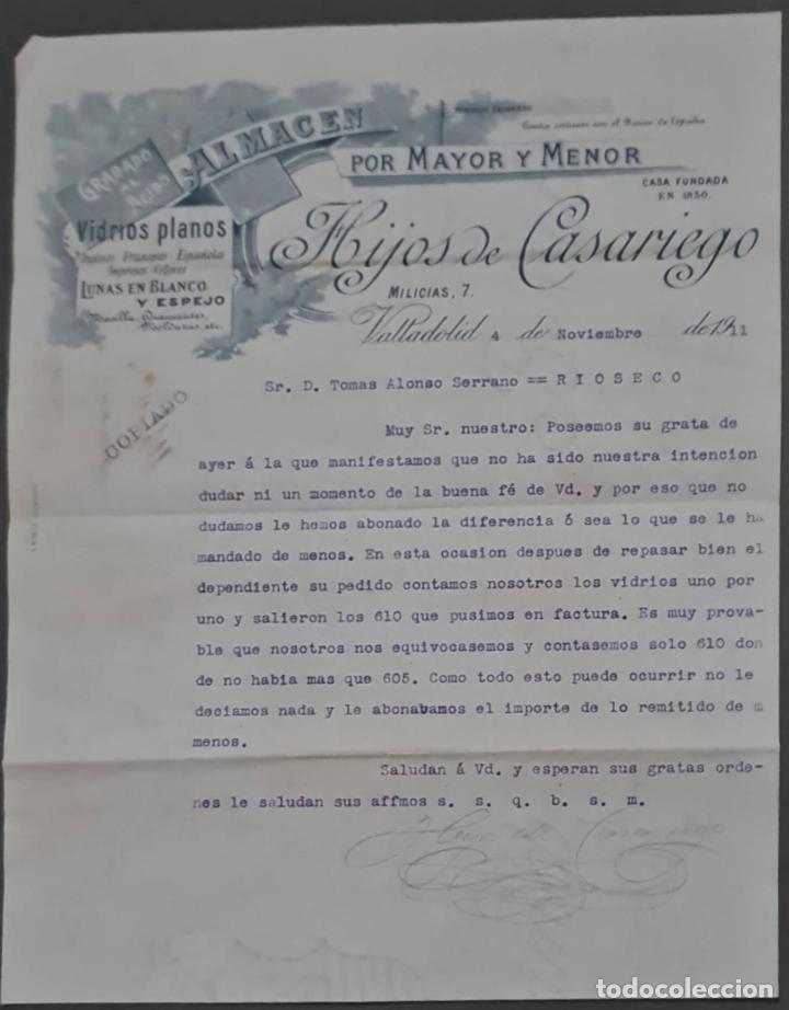 Lettere commerciali: Hijos de Casariego. Almac&eacute;n por Mayor y menor. Vidrios planos. Valladolid. Espa&ntilde;a 1911