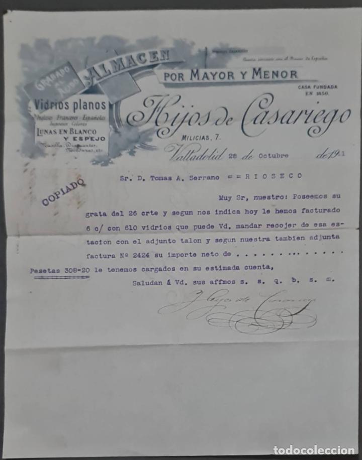 Lettere commerciali: Hijos de Casariego. Almac&eacute;n por Mayor y menor. Vidrios planos. Valladolid. Espa&ntilde;a 1911