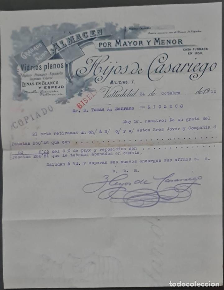 Lettere commerciali: Hijos de Casariego. Almac&eacute;n por Mayor y menor. Vidrios planos. Valladolid. Espa&ntilde;a 1912