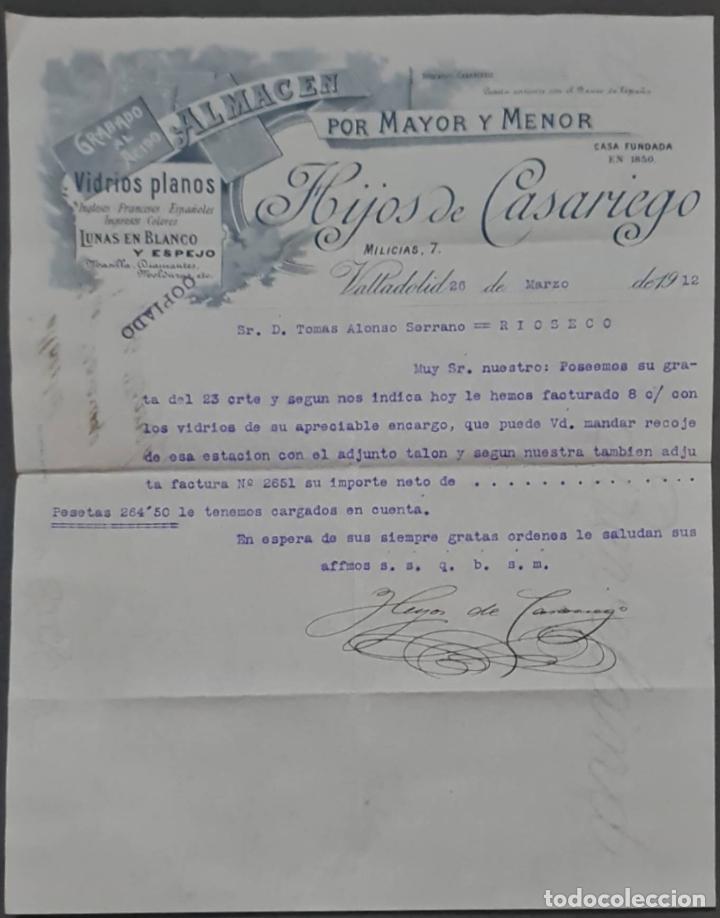 Lettere commerciali: Hijos de Casariego. Almac&eacute;n por Mayor y menor. Vidrios planos. Valladolid. Espa&ntilde;a 1912
