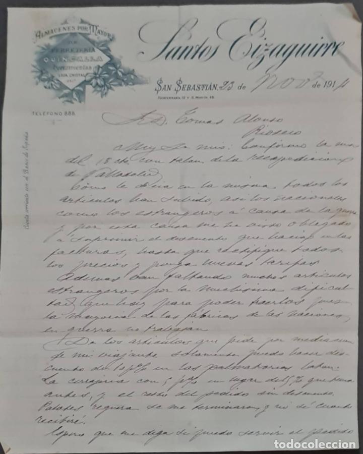 Lettere commerciali: Santos Eizaguirre. Ferreter&iacute;a y Herramientas. San Sebasti&aacute;n. Espa&ntilde;a 1914