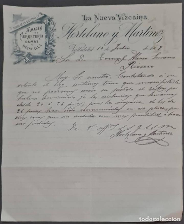 Lettere commerciali: Hortelano y Mart&iacute;nez. La Nueva Vizca&iacute;na. Almacenes de Ferreter&iacute;a y quincalla. Valladolid. Espa&ntilde;a1907