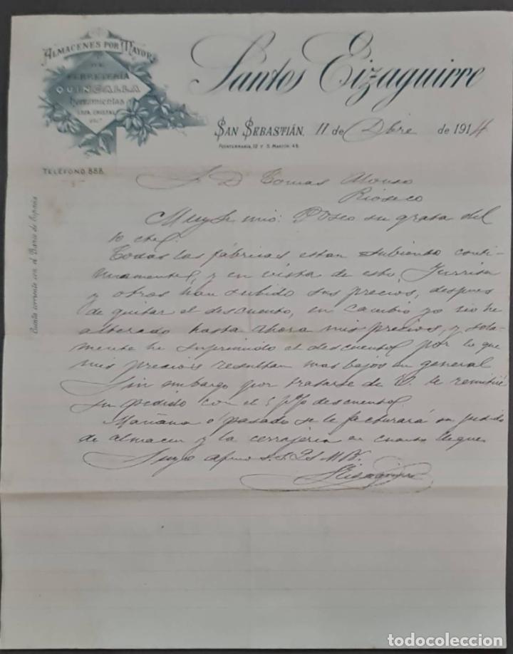 Lettere commerciali: Santos Eizaguirre. Ferreter&iacute;a y Herramientas. San Sebasti&aacute;n. Espa&ntilde;a 1914