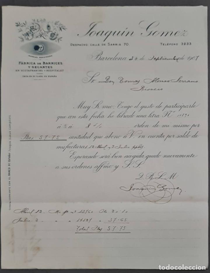 Lettere commerciali: Joaquin G&oacute;mez. F&aacute;brica de barnices y secantes. Barcelona. Espa&ntilde;a 1907