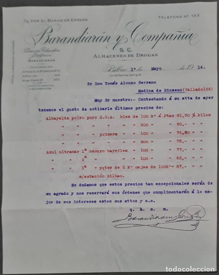Lettere commerciali: Barandiar&aacute;n y Compa&ntilde;&iacute;a. Grandes Almacenes de drogas y productos farmac&eacute;uticos. Bilbao. Espa&ntilde;a 1914