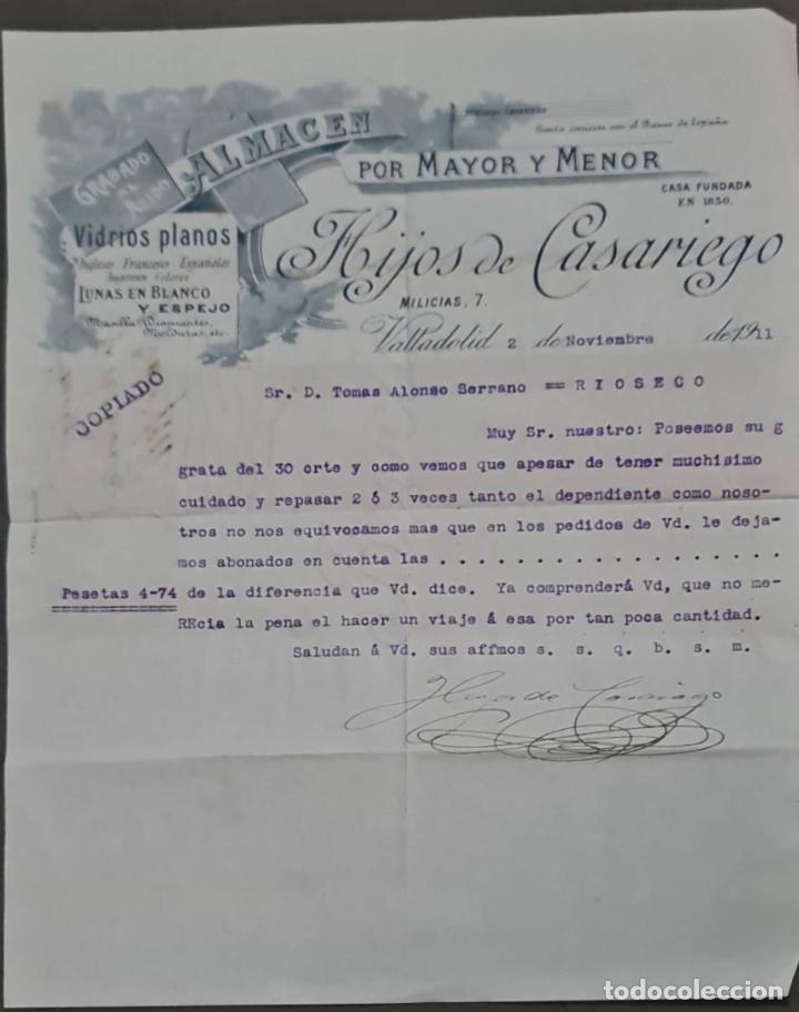 Lettere commerciali: Hijos de Casariego. Almac&eacute;n por Mayor y menor. Vidrios planos. Valladolid. Espa&ntilde;a 1911