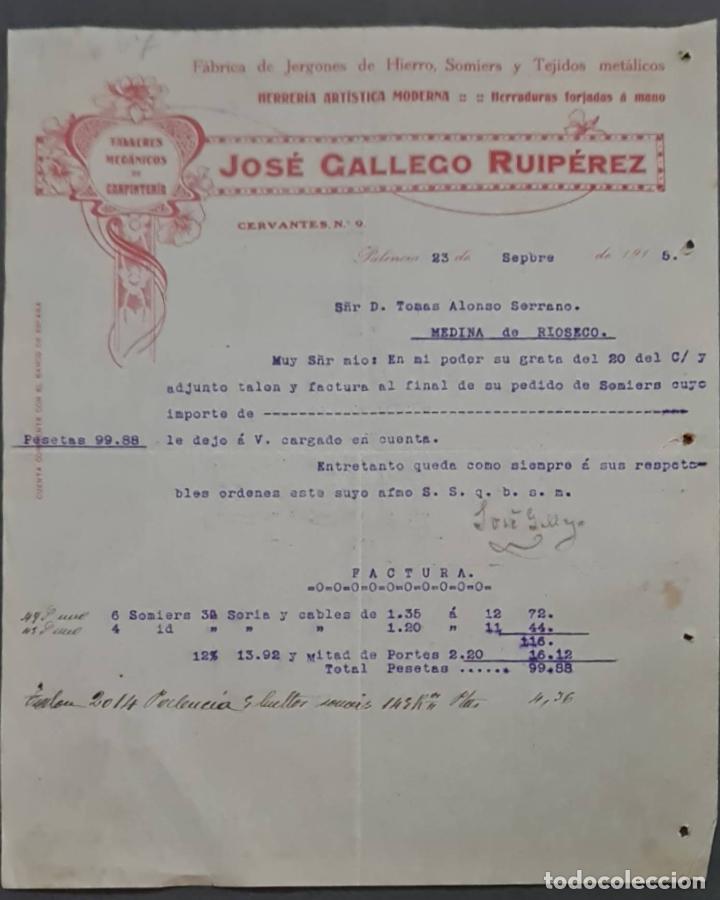Lettere commerciali: Jos&eacute; Gallego Ruip&eacute;rez. Talleres mec&aacute;nicos de carpinter&iacute;a. Palencia. Espa&ntilde;a 1915