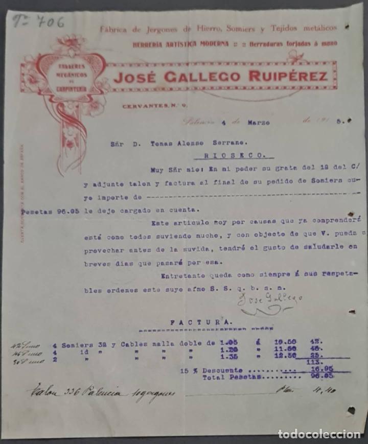 Lettere commerciali: Jos&eacute; Gallego Ruip&eacute;rez. Talleres mec&aacute;nicos de carpinter&iacute;a. Palencia. Espa&ntilde;a 1915