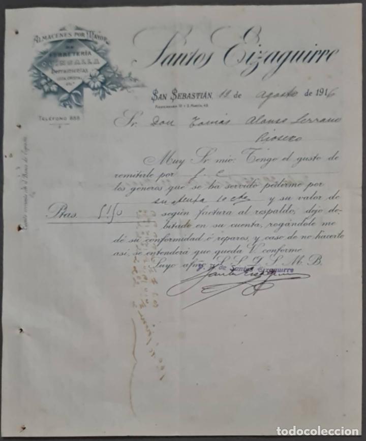 Gesch&auml;ftsbriefe: Santos Eizaguirre. Ferreter&iacute;a y Herramientas. San Sebasti&aacute;n. Espa&ntilde;a 1916