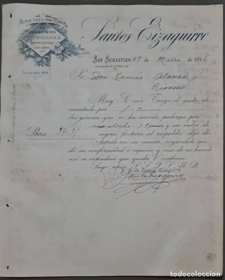 Gesch&auml;ftsbriefe: Santos Eizaguirre. Ferreter&iacute;a y Herramientas. San Sebasti&aacute;n. Espa&ntilde;a 1916