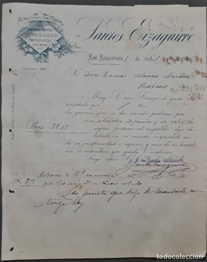 Gesch&auml;ftsbriefe: Santos Eizaguirre. Ferreter&iacute;a y Herramientas. San Sebasti&aacute;n. Espa&ntilde;a 1916