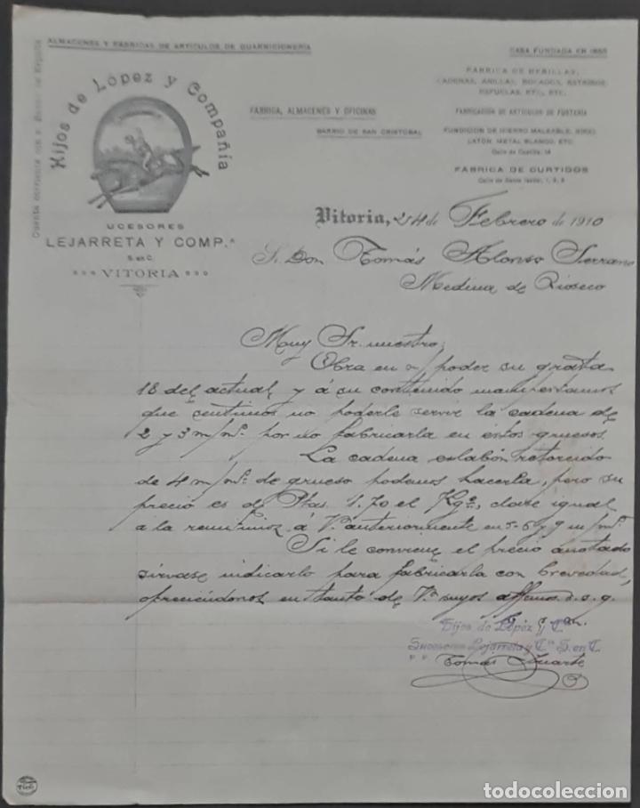 Lettres commerciales: Hijos de L&oacute;pez y C&iacute;a. Suc. de Lejarreta y Compa&ntilde;&iacute;a. F&aacute;brica hebillas y cadenas. Vitoria. Espa&ntilde;a 1910