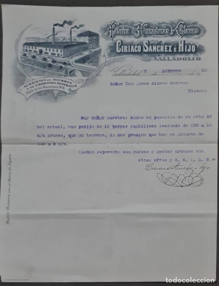 Lettres commerciales: Ciriaco S&aacute;nchez &eacute; Hijo. F&aacute;brica de herraduras y clavos. Valladolid. Espa&ntilde;a 1910