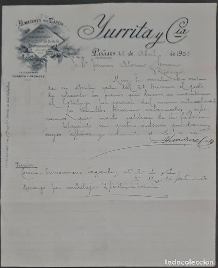 Cartas comerciales: Yurrita y C&iacute;a. Almacenes al por mayor de Ferreter&iacute;a, quincalla y herramientas. Pasajes. Espa&ntilde;a 1905