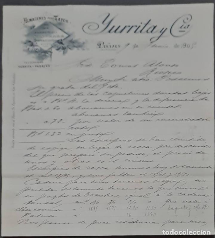 Cartas comerciales: Yurrita y C&iacute;a. Almacenes al por mayor de Ferreter&iacute;a, quincalla y herramientas. Pasajes. Espa&ntilde;a 1905