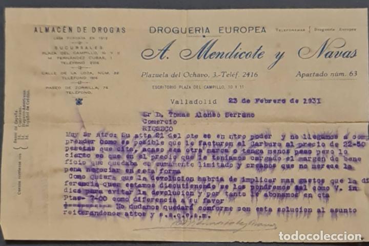 Cartas comerciales: A. Mendicote y Navas. Droguer&iacute;a Europea. Valladolid. Espa&ntilde;a 1931